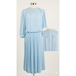 Vintage 80s Baby Blue Pleated Secretary Dress with Guipure Lace Collar